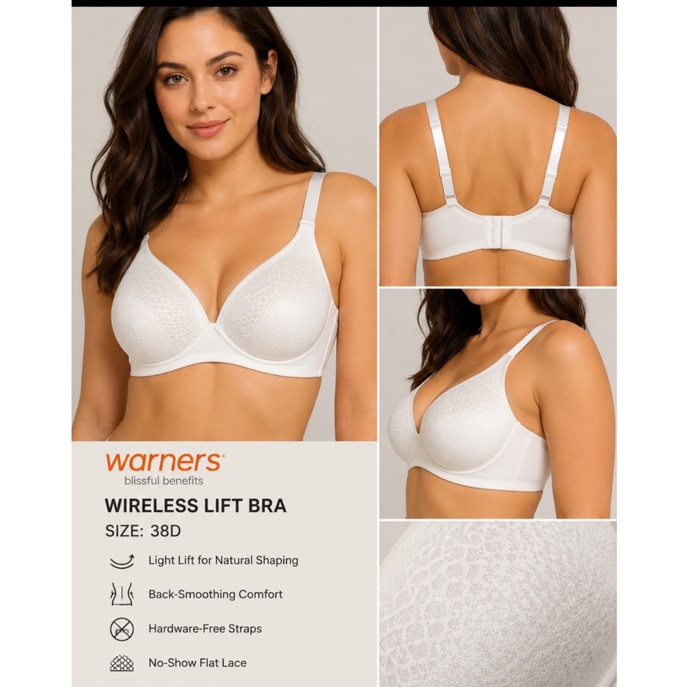 Warners NEW Blissful Benefits Wireless Smoothing Lift Bra White FlatLace 38D